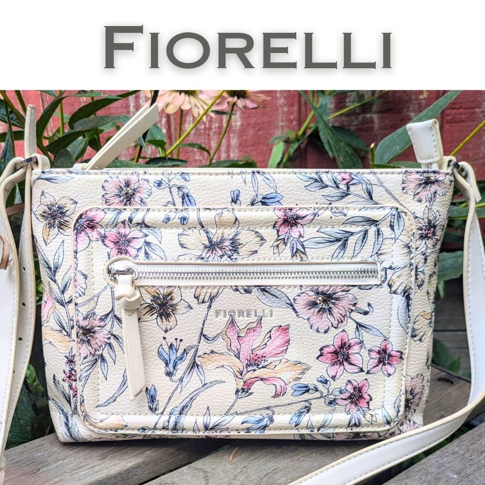 Fiorelli Crossbody Bag Purse Ivory w/Pink Gray Blue Florals Delicate Watercolor